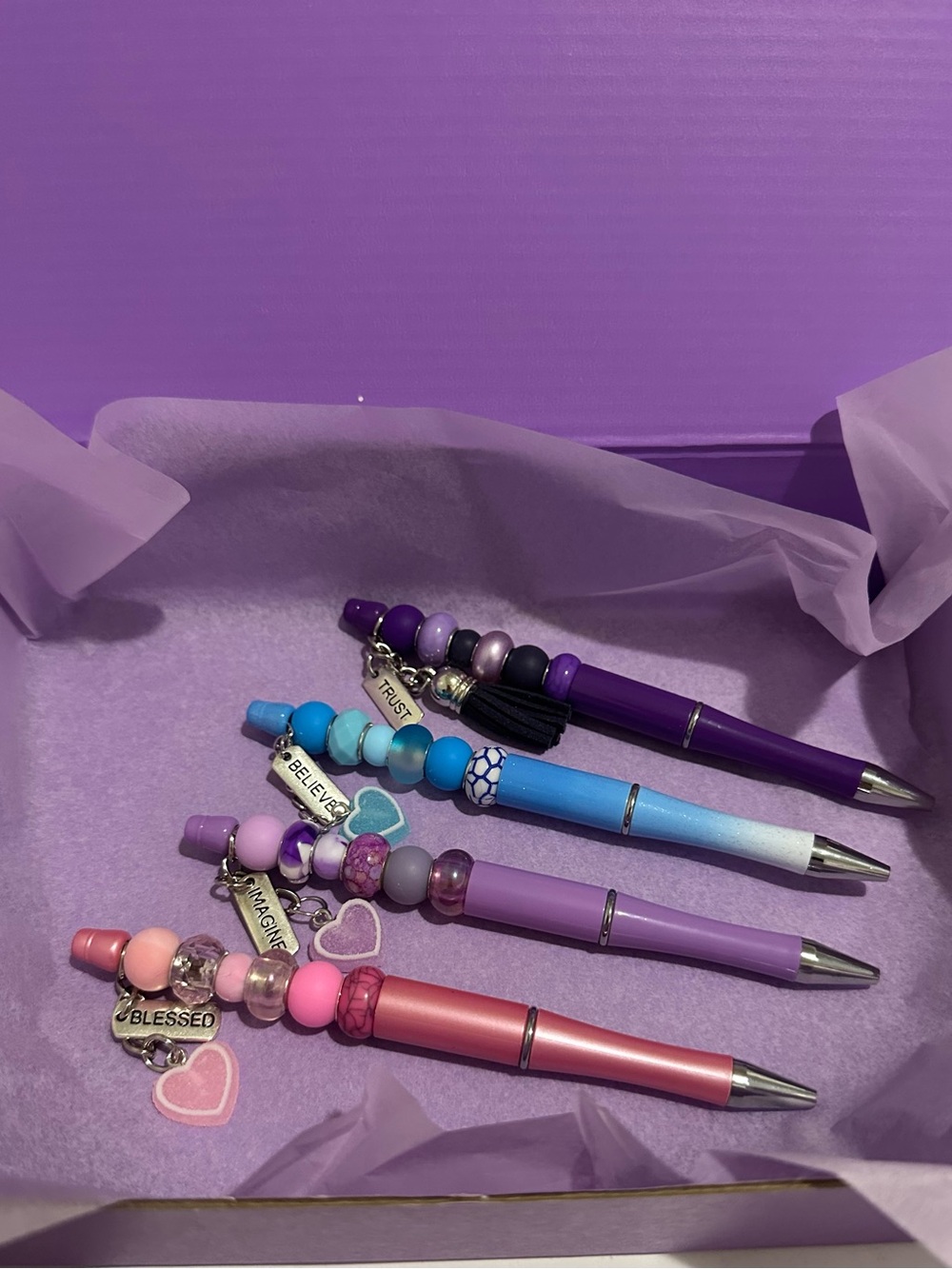 Beaded Charm Ballpoint Pen Set - Purple, Blue, Lavender, Pink